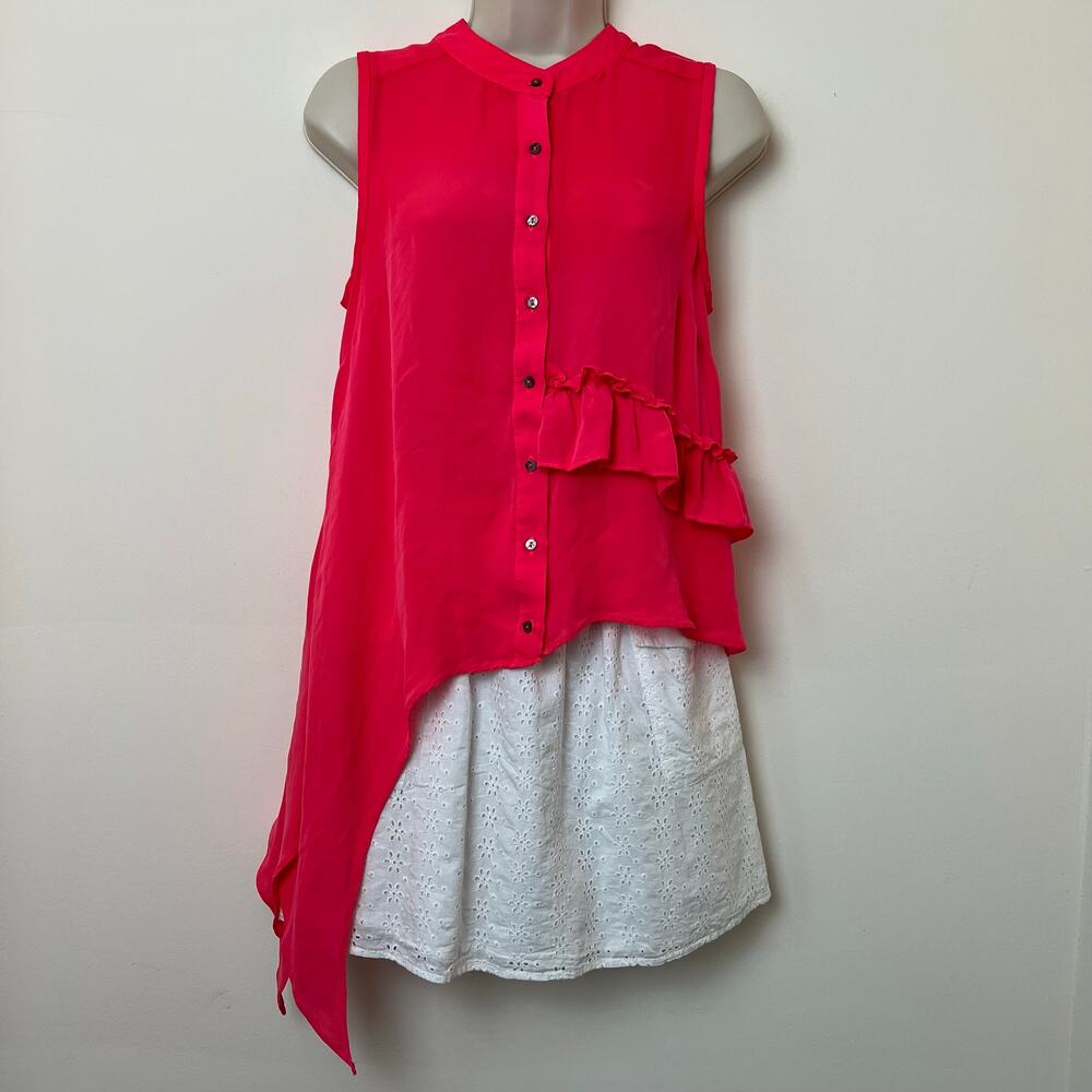 Nicole Miller 100% Silk Hot Coral Asymmetrical Button Up Sleeveless Blouse Small